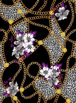Seamless chains pattern with flowers and black leopard skin, patch for print, fa Stock Illustration