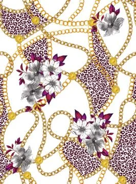Seamless chains pattern with flowers and black leopard skin, patch for print, fa Stock Illustration