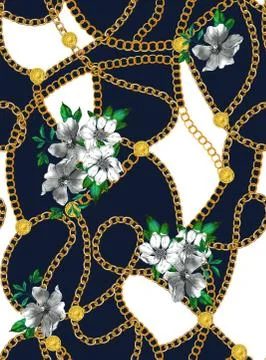 Seamless chains pattern with flowers, patch for print, fabric, textile design on Stock Illustration