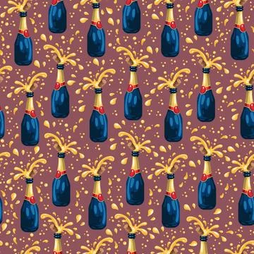 Seamless Champagne Bottle Pattern with Popping Corks and Golden Splash. Fes.. Stock Illustration