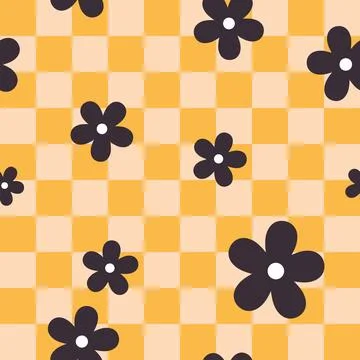 Seamless Checkerboard Pattern with Retro Black Flowers and Yellow-Beige Gri.. Stock Illustration