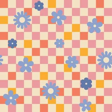 Seamless Checkerboard Pattern with Retro Blue Flowers and Multi-color Grid... Stock Illustration