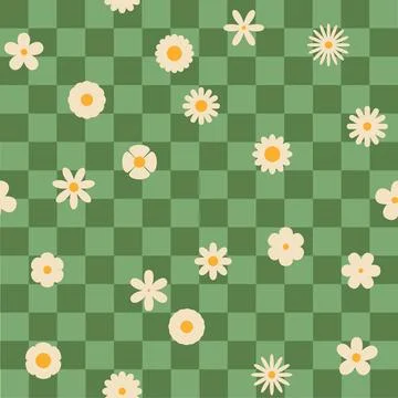 Seamless Checkerboard Pattern with Retro Daisies and Flowers. Trendy Y2K Ae.. Stock Illustration
