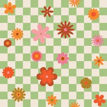 Seamless Checkerboard Pattern with Retro Flowers and Green-Beige Grid. Tren.. Stock Illustration