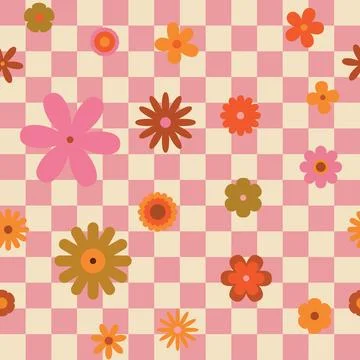 Seamless Checkerboard Pattern with Retro Flowers and Pink-Beige Grid. Trend.. Stock Illustration