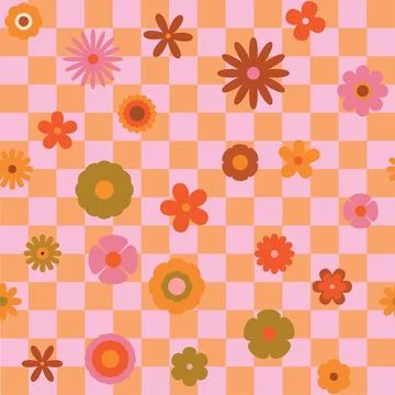 Seamless Checkerboard Pattern with Retro Flowers and Groovy Daisy. Trendy Y.. Stock Illustration