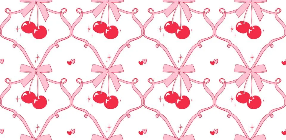 Seamless checkered hand drawn pattern with red cherries tied in pink bows. Illustrazione stock