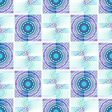 Seamless checkered pattern with concentric ornaments turquoise white pu Stock Illustration