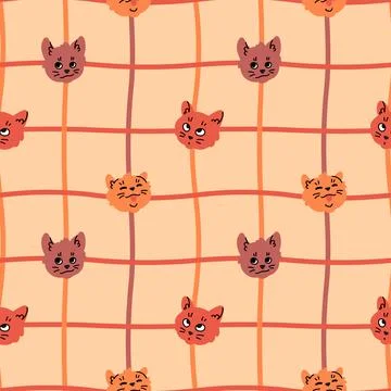 Seamless checkered pattern design. Cute cats. Repeating print background Stock Illustration