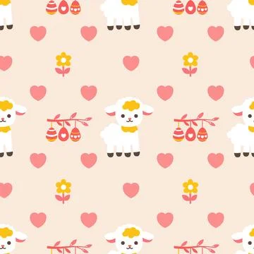 Seamless, cheerful pastel pattern with cute cartoon Easter symbols: a lamb, hatc Illustrazione stock