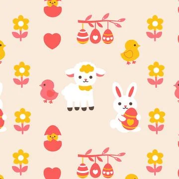 Seamless, cheerful pastel pattern featuring cute cartoon easter icons: bunny Stock Illustration