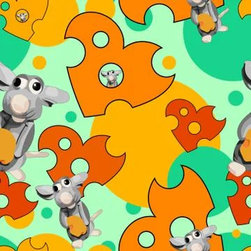 Seamless cheese Pattern. Cheese hearts with mouse. Vector illustration. Stock Illustration