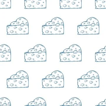 Seamless cheese pattern, triangle cheese slice with blue outline Stock Illustration