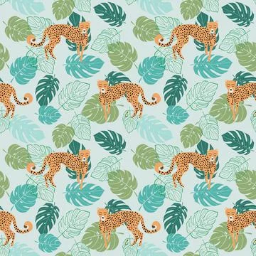 Seamless cheetah pattern and tropical leaves Stock Illustration