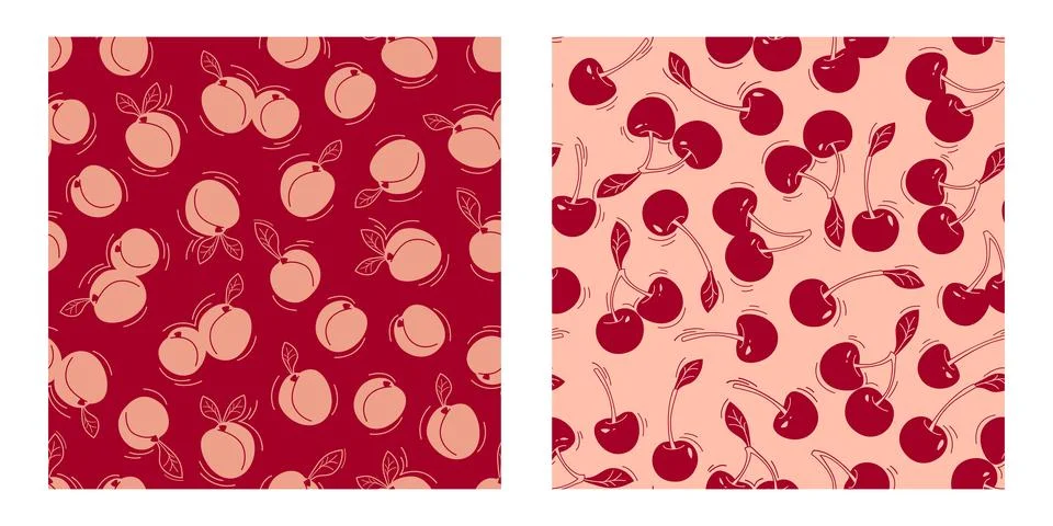 Seamless cherry and peach patterns set 스톡 일러스트
