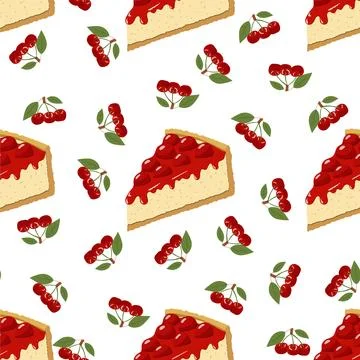 Seamless cherry cheesecake pattern. Vector illustration on a white background Stock Illustration