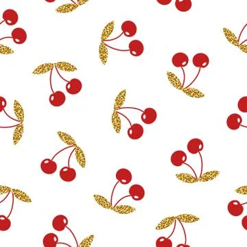 Seamless cherry with glitter leaf pattern Stock-Illustration