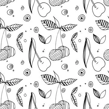 Seamless Cherry pattern. Decorative Cherry with leaf hand drawn doodle sketch Illustrazione stock