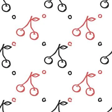 Seamless cherry pattern. Doodle vector with red cherry icons. cherry pattern Stock Illustration