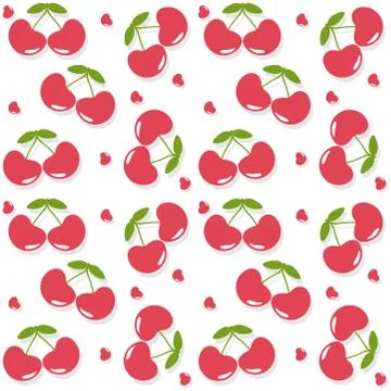 Seamless cherry pattern. Fresh summer fruit flat background with drop shadow Illustrazione stock