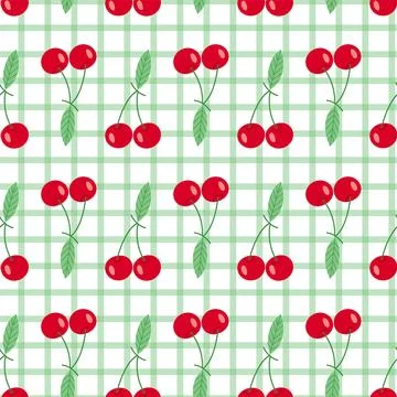 Seamless cherry pattern with green checkered background in hand drawn cute style Stock Illustration