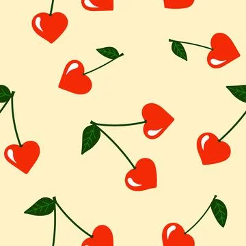 Seamless Cherry pattern with green leaf in cartoon style. Cute trendy desig.. Ilustración de archivo