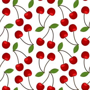 Seamless cherry pattern with green leaf and stem on white background in cartoon Stock Illustration