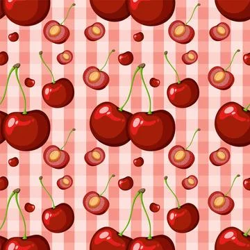 Seamless Cherry Pattern on Plaid Stock Illustration