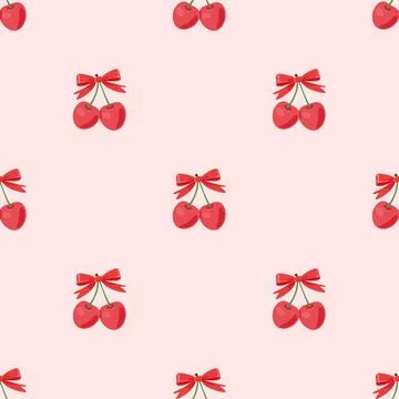 Seamless Cherry Pattern with Red Bow, Vector Illustration. Cute Fruit Repeat Illustrazione stock
