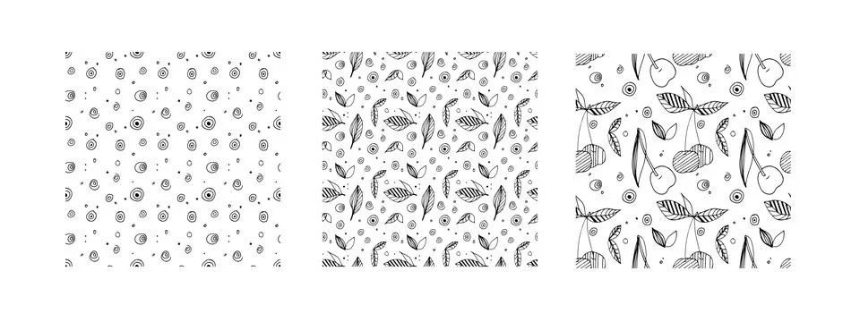 Seamless Cherry pattern set. Decorative Cherry with leaf hand drawn doodle 스톡 일러스트