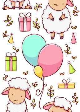 Seamless child pattern, cute sheep birthday, hand drawn Stock Illustration