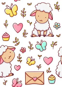 Seamless child pattern, cute sheep loveday, hand drawn Stock Illustration