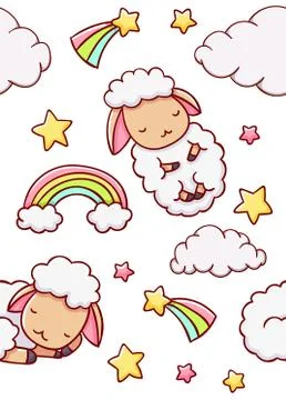 Seamless child pattern, cute sheep cloud and stars, hand drawn Stock Illustration