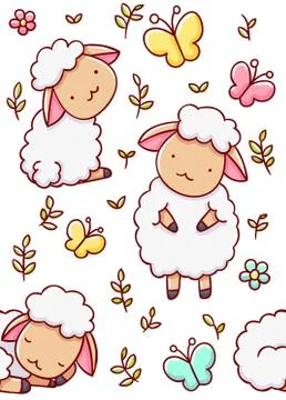 Seamless child pattern, cute sheep and butterflies hand drawn Stock Illustration