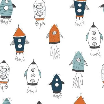 Seamless childish cosmic pattern with cute rockets. Repeating texture doodle Illustrazione stock