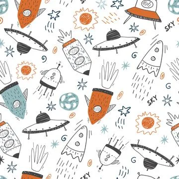 Seamless childish cosmic pattern with cute rockets, lettering and stars in space Illustrazione stock