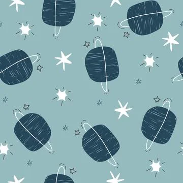 Seamless childish cosmic pattern with cute planets and stars in space. Repeating Illustrazione stock