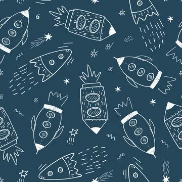 Seamless childish cosmic pattern with cute rockets and stars in space. Repeating Illustrazione stock