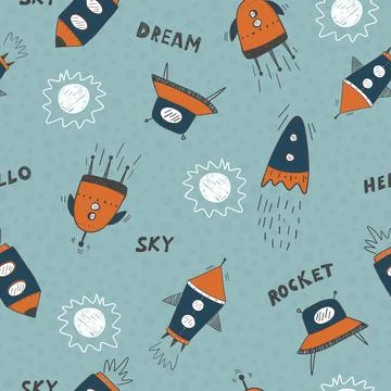 Seamless childish cosmic pattern with cute rockets, lettering and stars in space Illustrazione stock