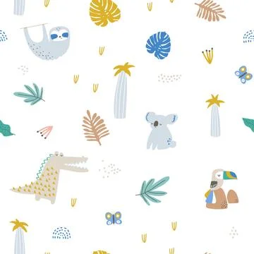Seamless childish jungle pattern with koala, crocodile, and jungle florals. Stock Illustration