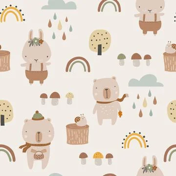Seamless childish pattern with bear, bunny and mushrooms. Creative childish Illustrazione stock