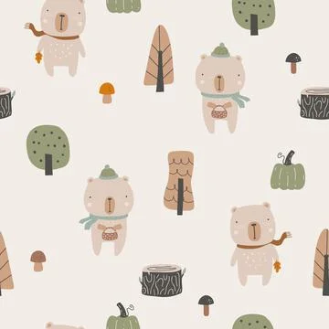 Seamless childish pattern with bear, pumpkin and mushrooms. Creative childish Illustrazione stock