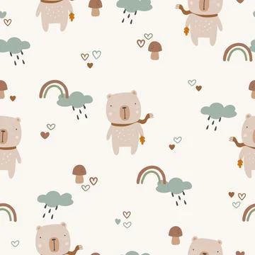 Seamless childish pattern with bear, rainbow and mushrooms. Creative childish 스톡 일러스트