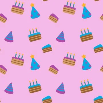 Seamless childish pattern with birthday cake and festive caps Stock Illustration