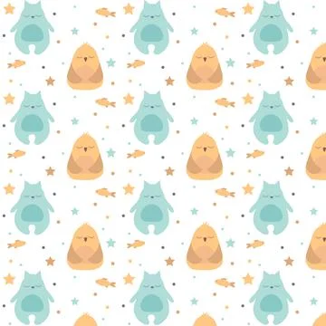 Seamless childish pattern with cat and bird, fish, stars. Creative kids textu Stock Illustration