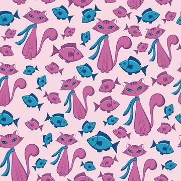 Seamless childish pattern with cat and fish. Stock Illustration