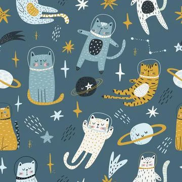 Seamless childish pattern with cat astronauts in space. Trendy colorful Stock Illustration