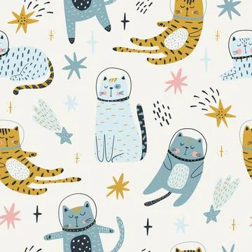 Seamless childish pattern with cat astronauts in space. Trendy colorful Stock Illustration