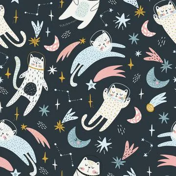 Seamless childish pattern with cat astronauts in space. Trendy colorful Stock Illustration