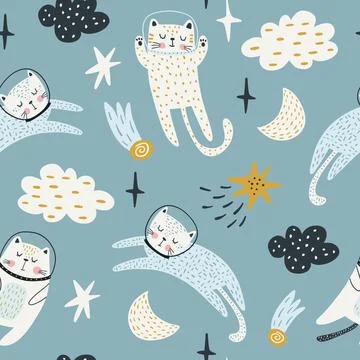Seamless childish pattern with cat astronauts in space. Trendy colorful Stock Illustration